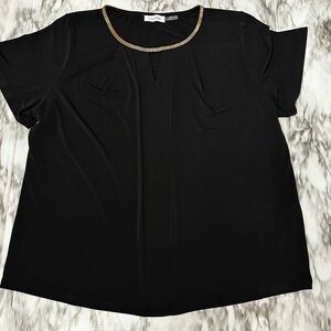 Calvin Klein Black Short Sleeve Blouse Golden Chain Collar Keyhole Evening Party